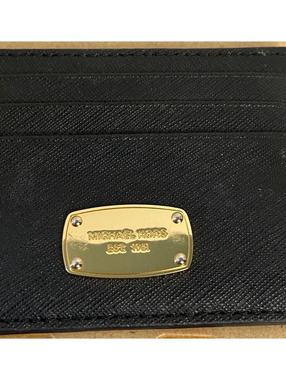 Michael Kors Black Leather Card Holder with Gold Tone Plaque